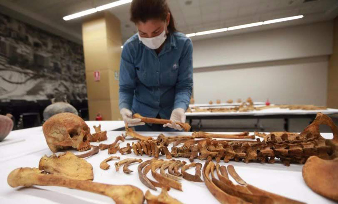 Woman with face mask and gloves analyzes the body remains.