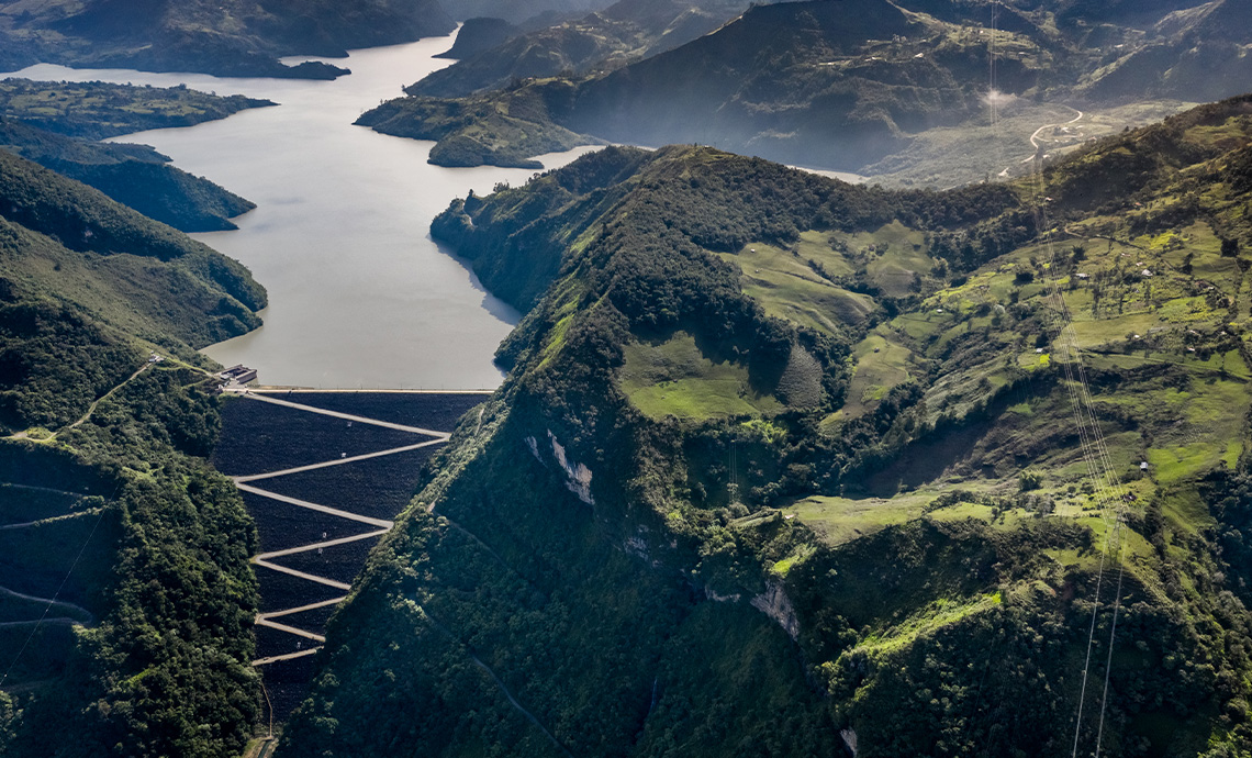 Air shot of the Guavio reservoir between the mountains, in Cundinamarca.